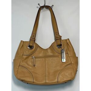 Tignanello Tan Pebble Leather Shoulder Tote Bag Purse Silver Hardware